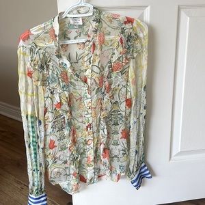 Hemant & Nandita colourful acordian arms and ruffle front blouse . Size xs